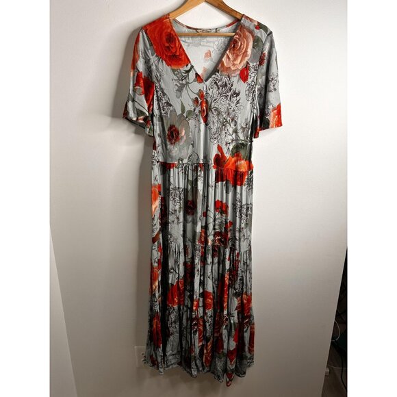 Soft Surroundings Dress Sz L Floral Midi Tiered Boho Rayon Short Sleeve Flowy - Picture 1 of 10